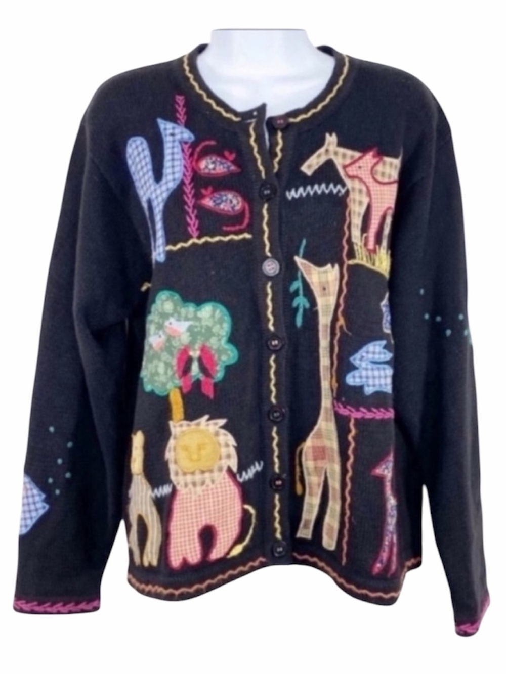 SUSAN BRISTOL vintage Noah’s ark animals patchwork cardigan sweater M